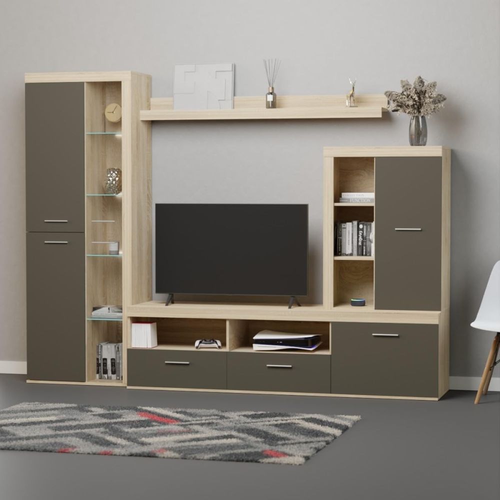 Mueble de Salón Moderno con Leds, Acabado en Cambria, 260x191 cm