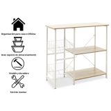 Estanteria de Cocina con 2 Cestas de Malla Metálica Blanca, 3 Estantes y Ganchos 80x34x75cm Color Madera y Blanco