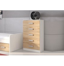 Meyvaser -Sinfonier 5 Cajones, Cómoda, Acabado en Blanco y Nordico, Medidas: 60 cm (An) x 108,5 cm (Al) x 38 cm de (Fon)