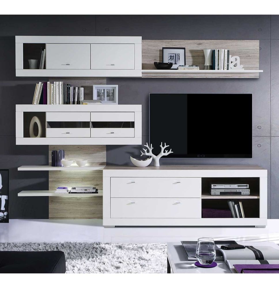 Mueble de Salón| 282 cm Anc x 52.10 cm Fon x 210.6 cm Al, Iluminación LED en Roble Arena y Blanco