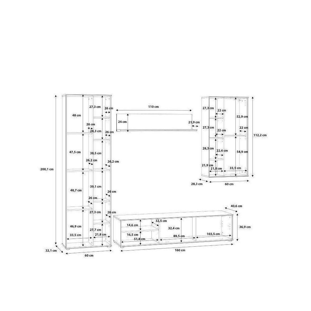 Mueble de Salón Completo | Mueble de TV, Estante, Vitrina | Medidas: 260 x 40.6 x 200 cm | Color Roble Artisan con Gris