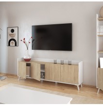 Aparador, Mueble Tv, Salón Comedor 4 Puertas, Armario Auxiliar Color Blanco y Roble, Medidas: 180x63x33,5 Cm