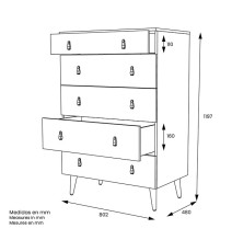 Cómoda con 5 Cajones, para Dormitorio, Acabado en Color Blanco, Medidas: 80 cm (Ancho) x 120 cm (Alto) x 48 cm (Fondo)
