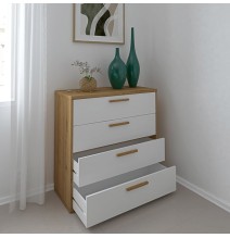 Cómoda con 4 Cajones, para Dormitorio, Acabado en Color Blanco y Roble, Medidas: 88 cm (Ancho) x 86 cm (Alto) x 48 cm (Fondo)