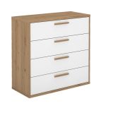 Cómoda con 4 Cajones, para Dormitorio, Acabado en Color Blanco y Roble, Medidas: 88 cm (Ancho) x 86 cm (Alto) x 48 cm (Fondo)