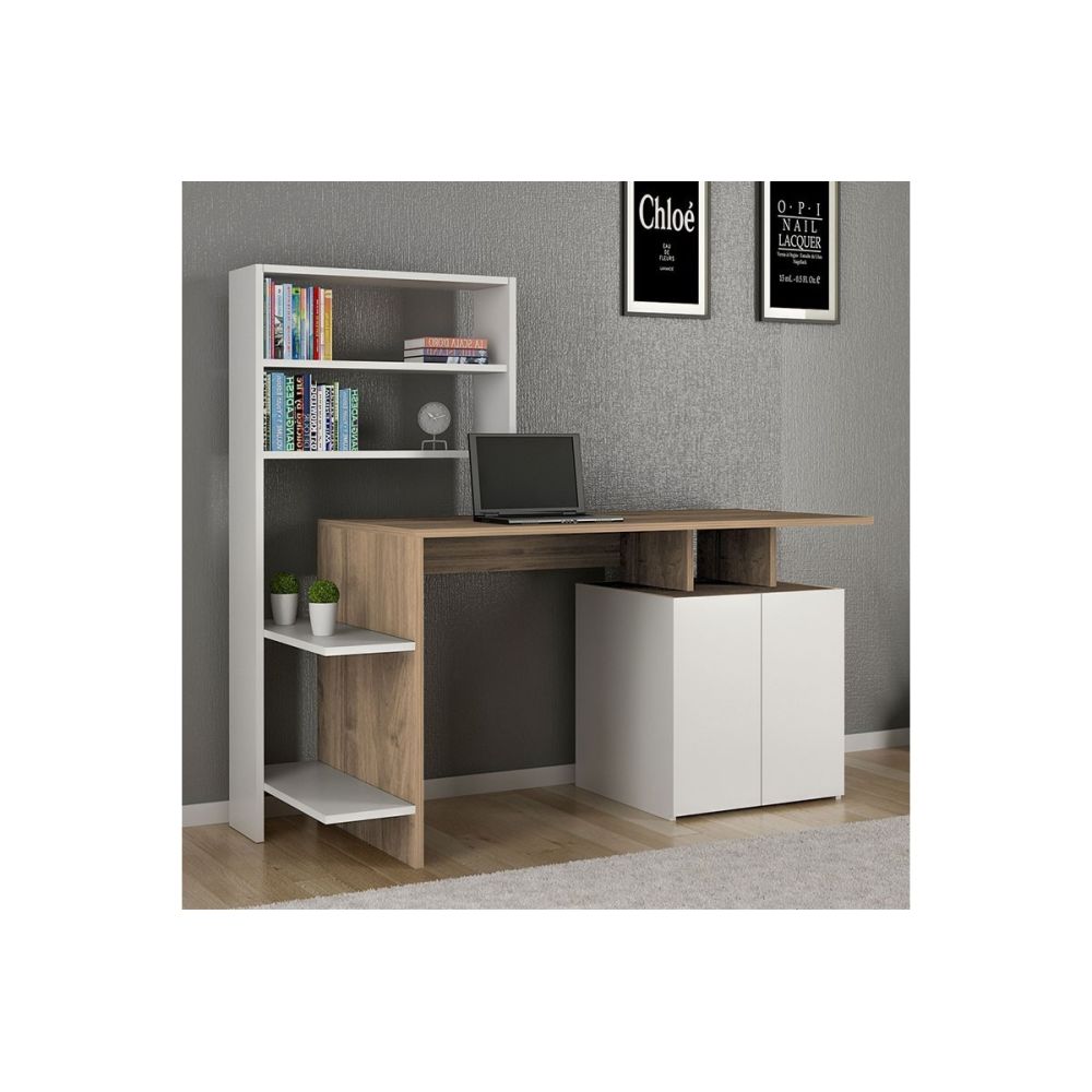 Mesa de Despacho con Estantería y 2 Cajones, Roble-Blanco, 146x60x129 cm, Diseño Moderno para Oficina